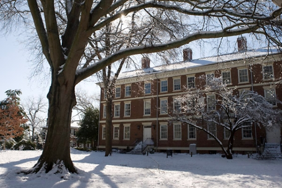 old college in the snow