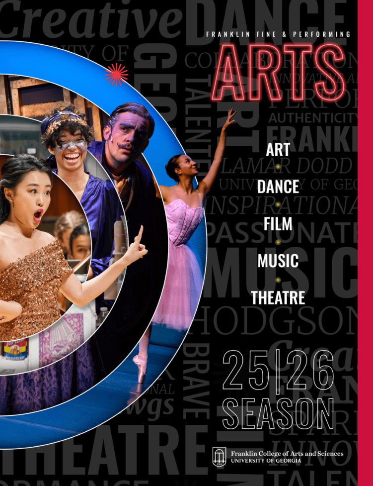 A graphic poster with the title 'Fine & Performing Arts: Art, Dance, Film, Music, Theatre 25|26 season' listed on the right side, while on the left there are various images of performing artists overlapping with one another including an opera singer, a young actress with a painted face, an actor in a musical, and a ballet dancer with a pink tutu. 