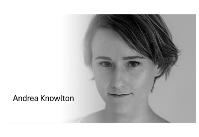 b/w photo of woman, name on left