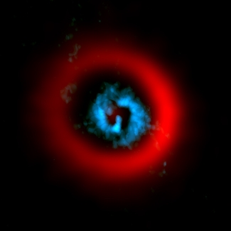 telescope image with red ring and blue center in dark space