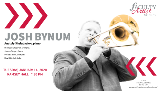 graphic with photo of man playing trombone, red letters