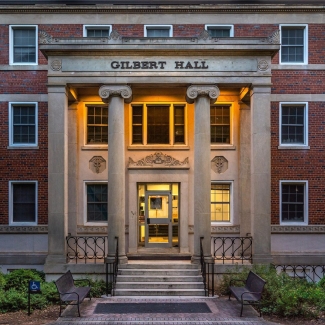 photo of building facade, with columns