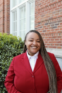 photo of woman, building background