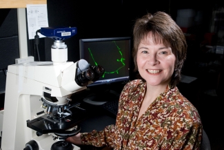 photo of woman with microscope and computer screen 