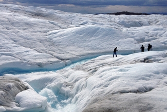 glacier melting, with people