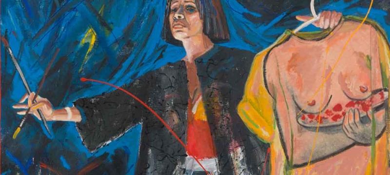 photo of a painting with figure holding brushes and suit on hanger