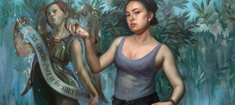 photo of painting with two female figures, blue background with leaves