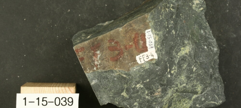 photo stone specimen with centimeter ruler for scale, numbers