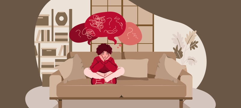 illustration of child seated on couch, with thought bubbles