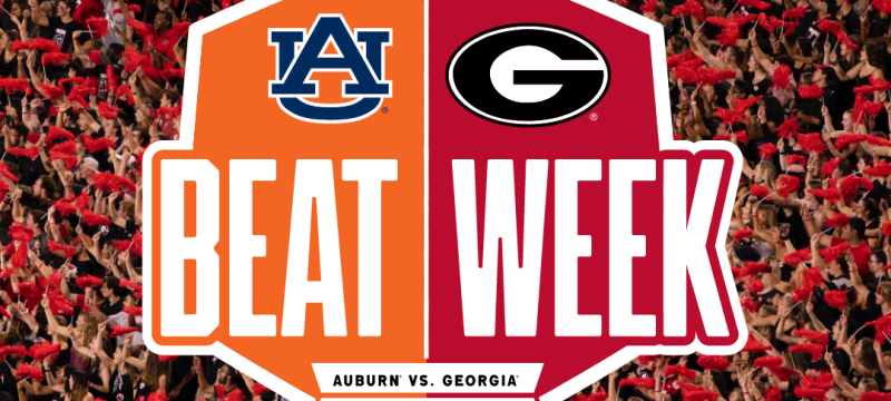 graphic with super G and Auburn logos, crowd photo in background
