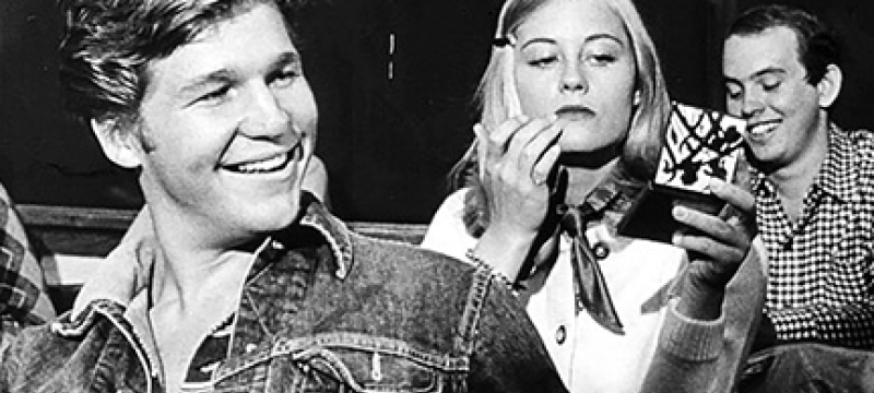 black and white still with actors