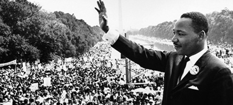 MLK, Jr. in from of crowd, b/w photo