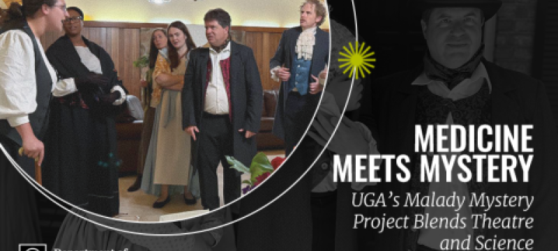 graphic with inset photo of people in 19th century costumes, white text on black, circles