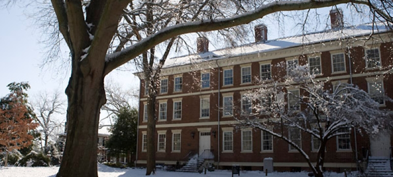 old college in the snow