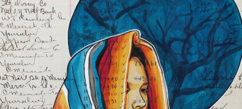 painting of woman on lined paper