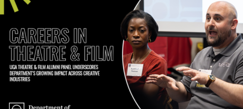 graphic photo of man and woman, white outline text on black, logo