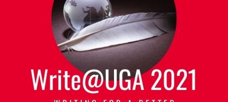 graphic with quill pen and globe on red with white text