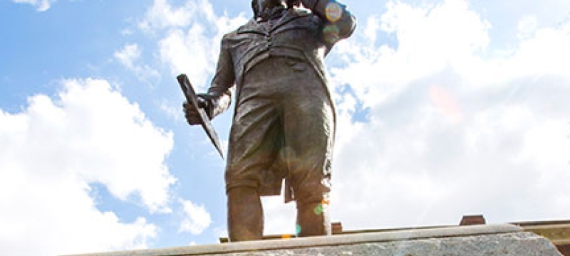 Baldwin statue from below