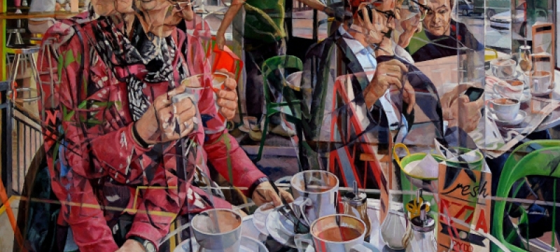 cubist painting collage with people and coffee cups