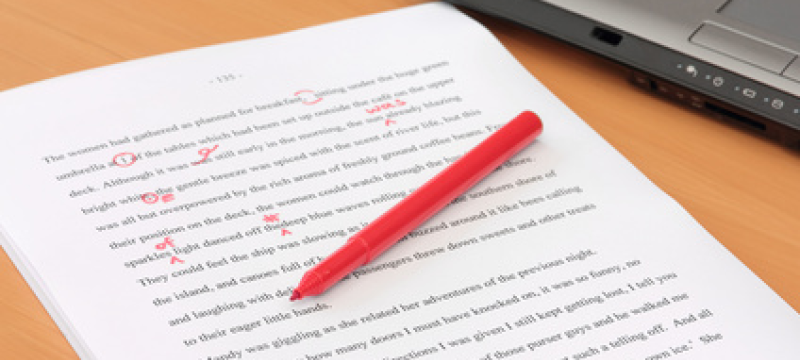 photo of paper with text, red pen, and laptop