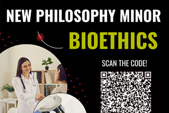 graphic with white text on black, QR code, photo