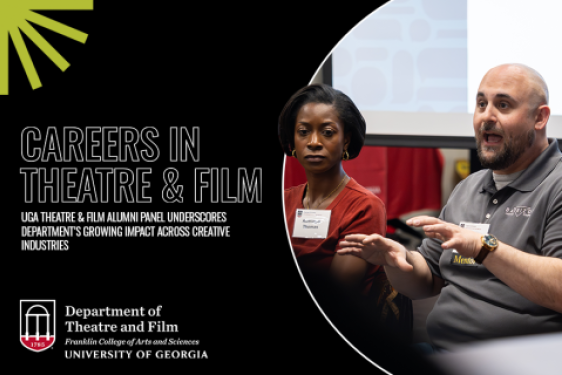 graphic photo of man and woman, white outline text on black, logo