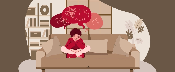 illustration of child seated on couch, with thought bubbles