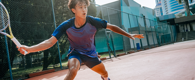 photo of man playing tennis, day, with racquet, sky