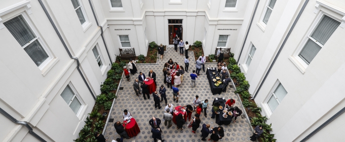 overhead photo of courtyard, with people, day