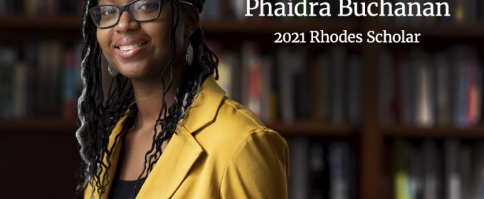 photo of woman in library with graphic in white and red