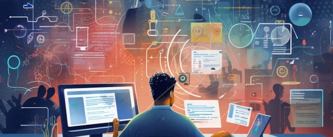 graphic illustrations with figure, computer, shapes and colorful designs
